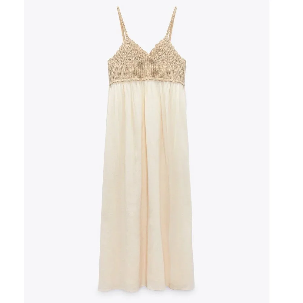 Zara Crochet Midi Dress Cream White Sz S NWT